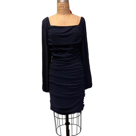 Fashion Dresses & Skirts - Fashion Square Neck Long Sleeve Ruched Bodycon Dress Blue Size XL
